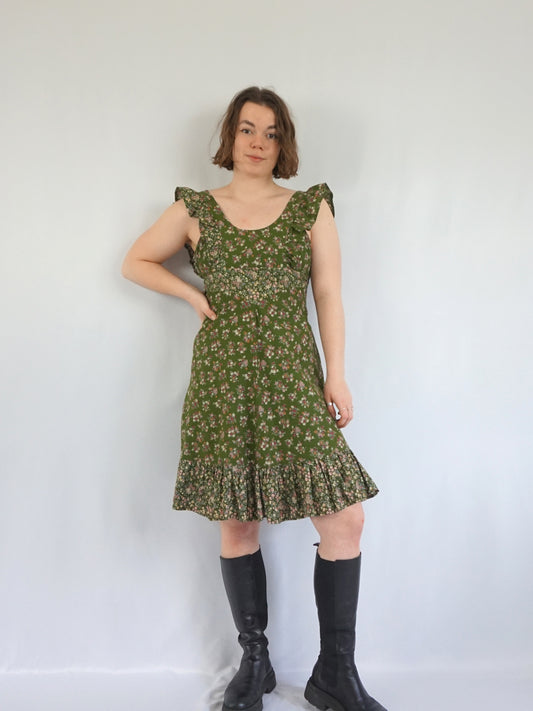 Forest Green Floral Mini Dress - XS