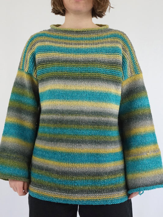 Turquoise, Yellow & Grey Striped Jumper - XL