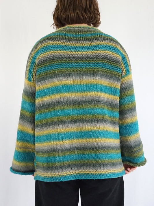 Turquoise, Yellow & Grey Striped Jumper - XL