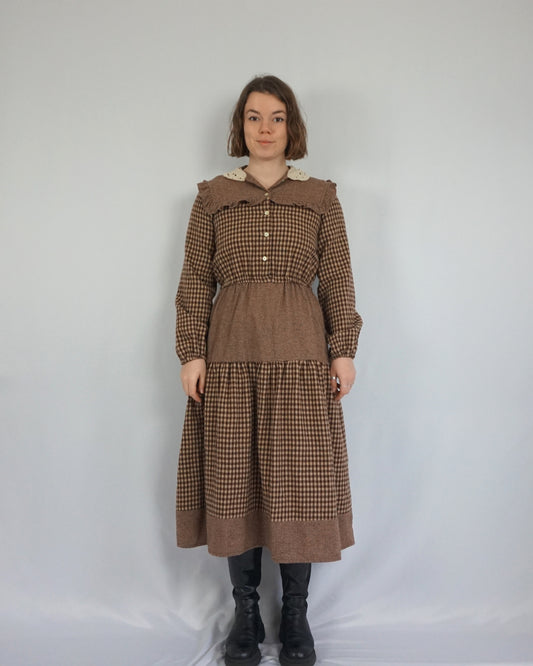 Brown Checkered Tiered Wool Dress - S