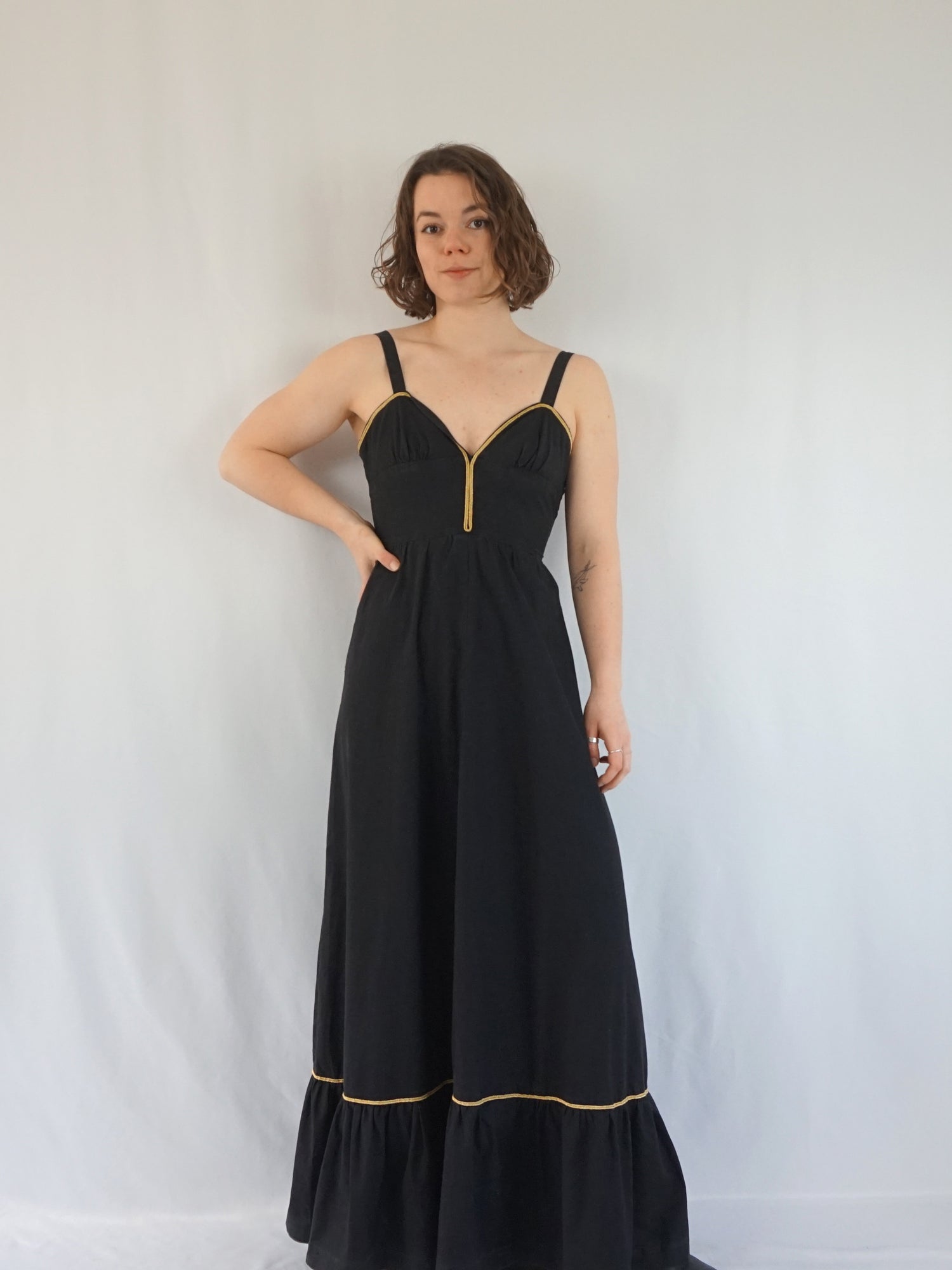 Vintage 70s Black Cotton Sun Dress - XS