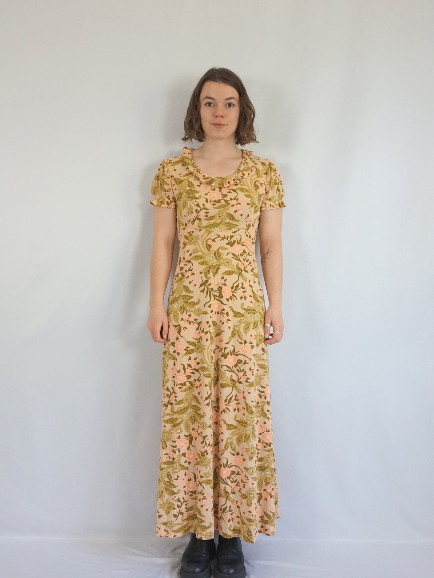 beige floral dress vintage Vintage 1970s Sheer Beige Floral Dress, M to L