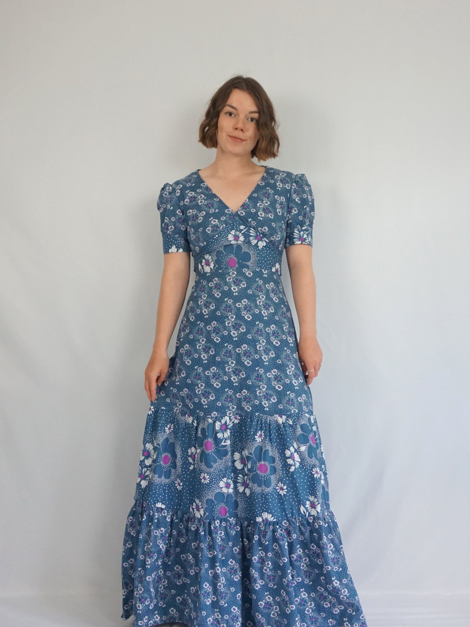 Vintage 70s Blue Floral Tiered Maxi Dress - S | Reloved Studio Vintage 70s Blue Floral Tiered Maxi Dress - S | Reloved Studio