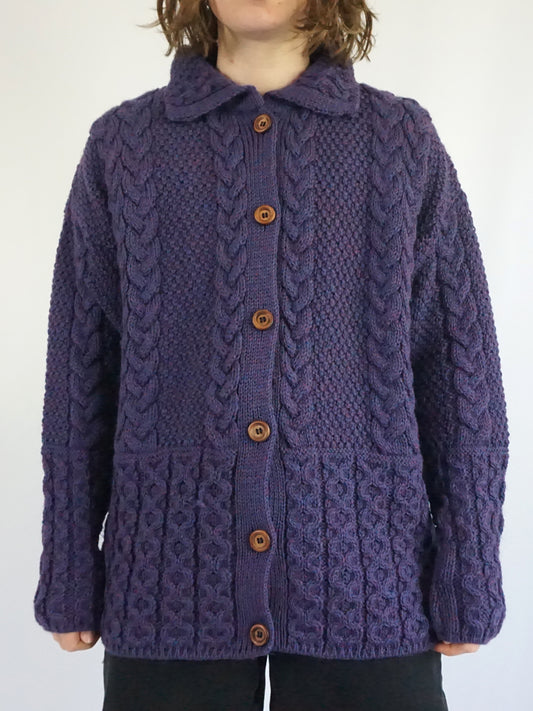 Purple Cable Knit Wool Cardigan - L