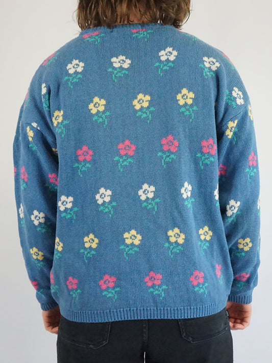 Blue Cotton Floral Jumper - S/M