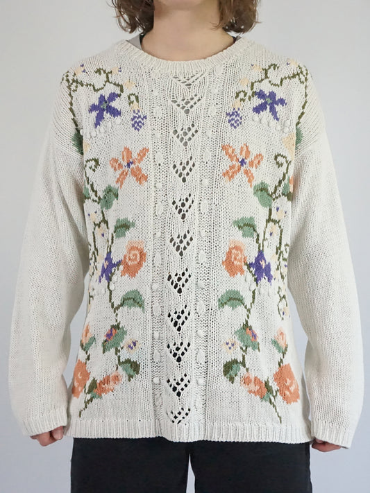 White Floral Cotton Jumper - L
