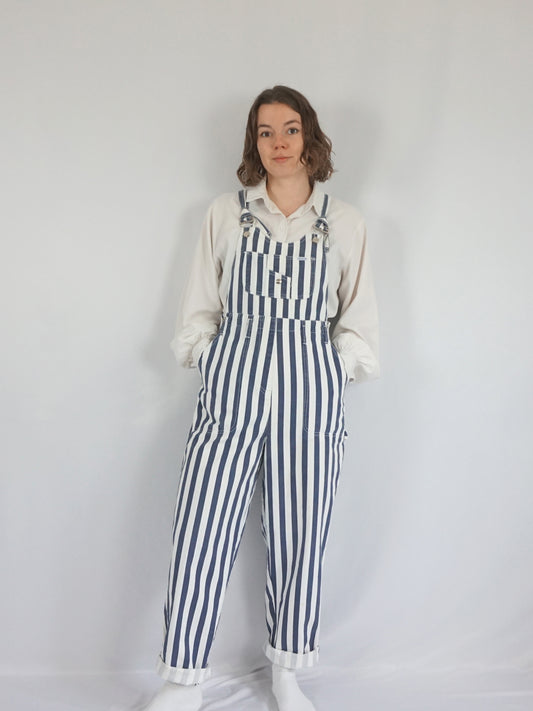 Blue & White Striped Dungarees - M