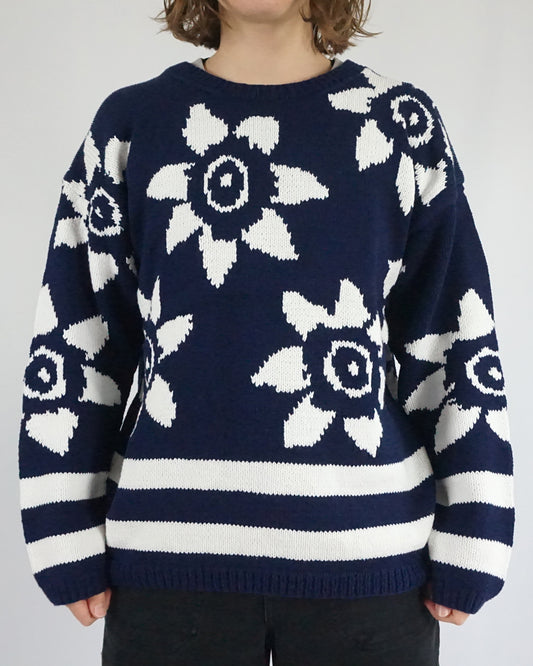 Navy Floral Cotton Jumper - M
