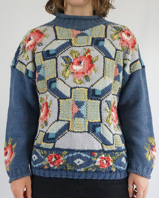 Blue Floral Cotton Jumper - M