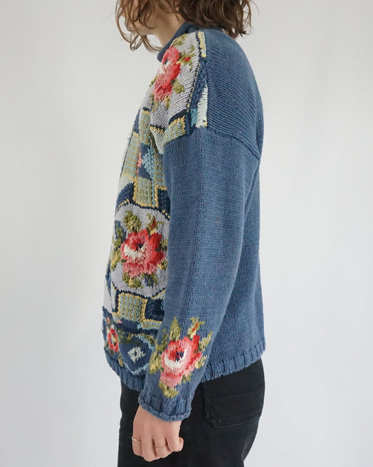 Blue Floral Cotton Jumper - M