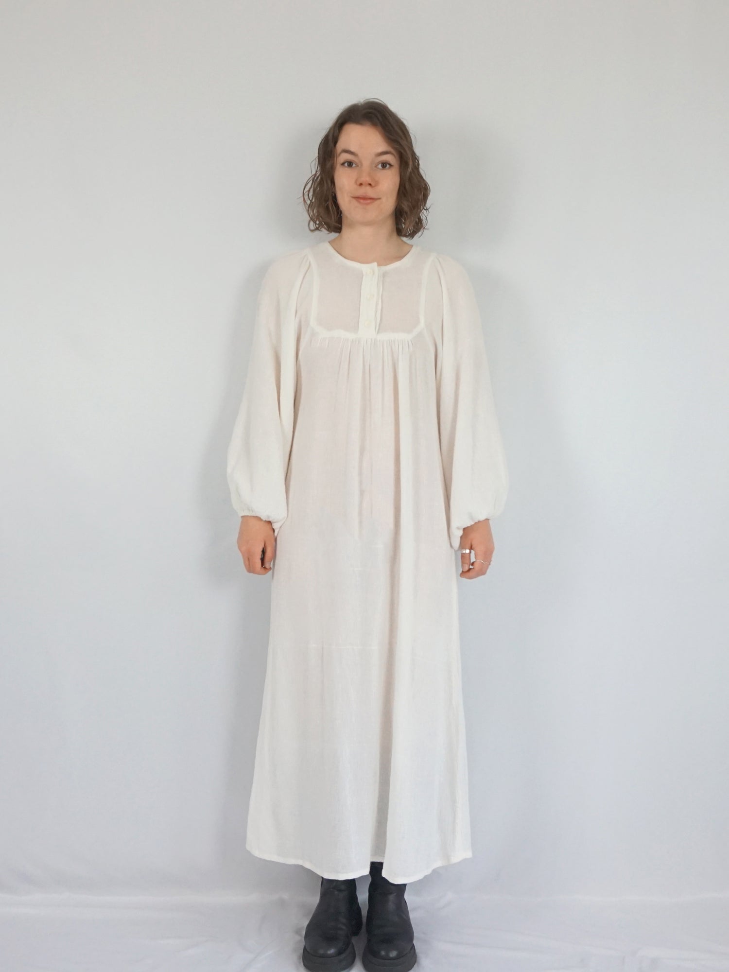 Vintage 70s Balloon Sleeve Cotton Cheesecloth Dress - S