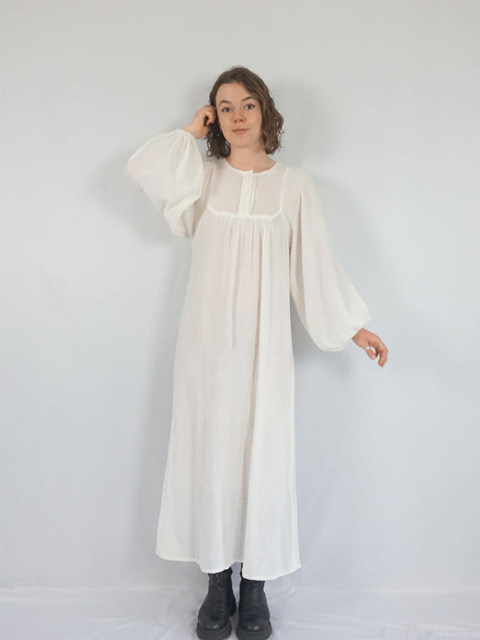 Balloon Sleeve Cotton Cheesecloth Dress - S