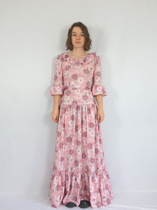 Pink Floral Tiered Dress - M
