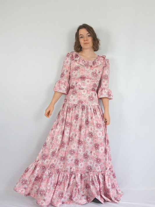 Pink Floral Tiered Dress - M