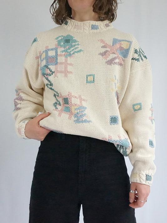 Pastel Patterned Cotton Jumper - L