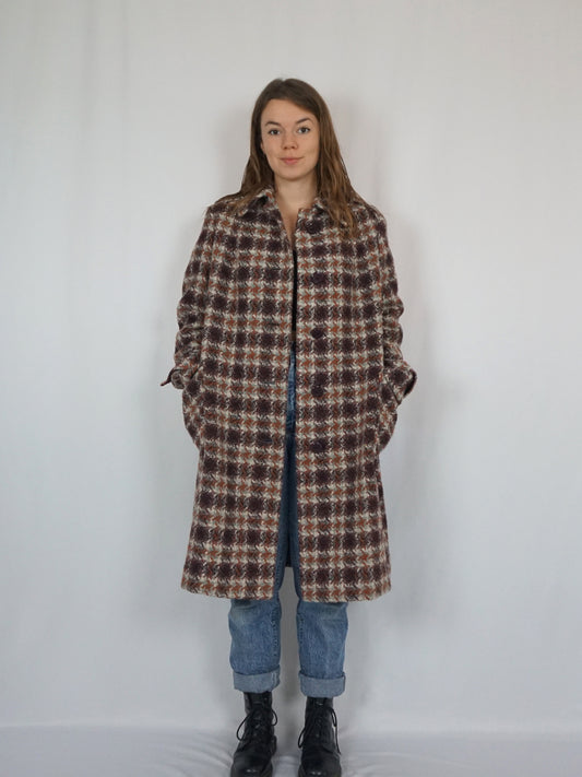 Autumnal Checkered Houndstooth Trench Coat - L