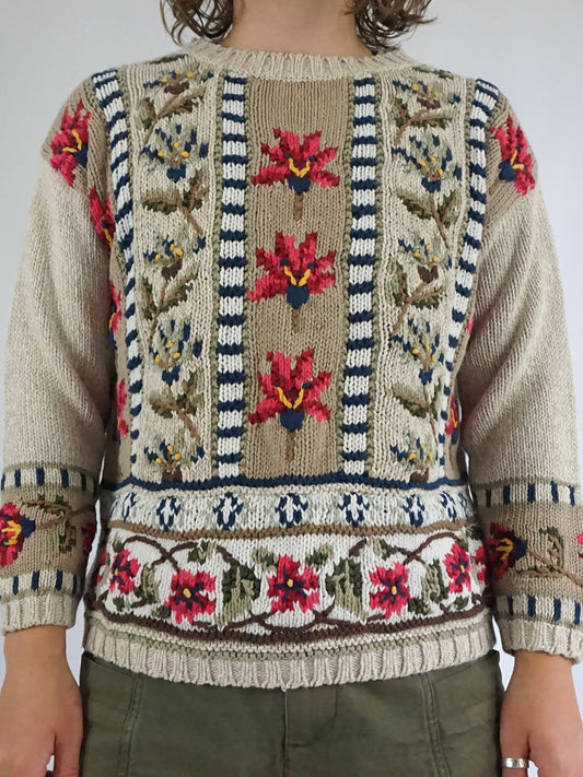 Beige Floral Cotton Jumper - M