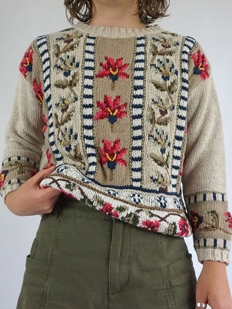 Beige Floral Cotton Jumper - M