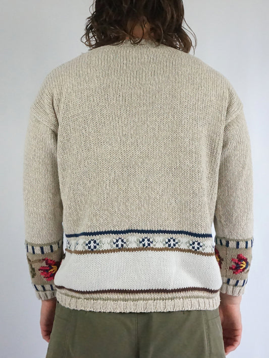 Beige Floral Cotton Jumper - M