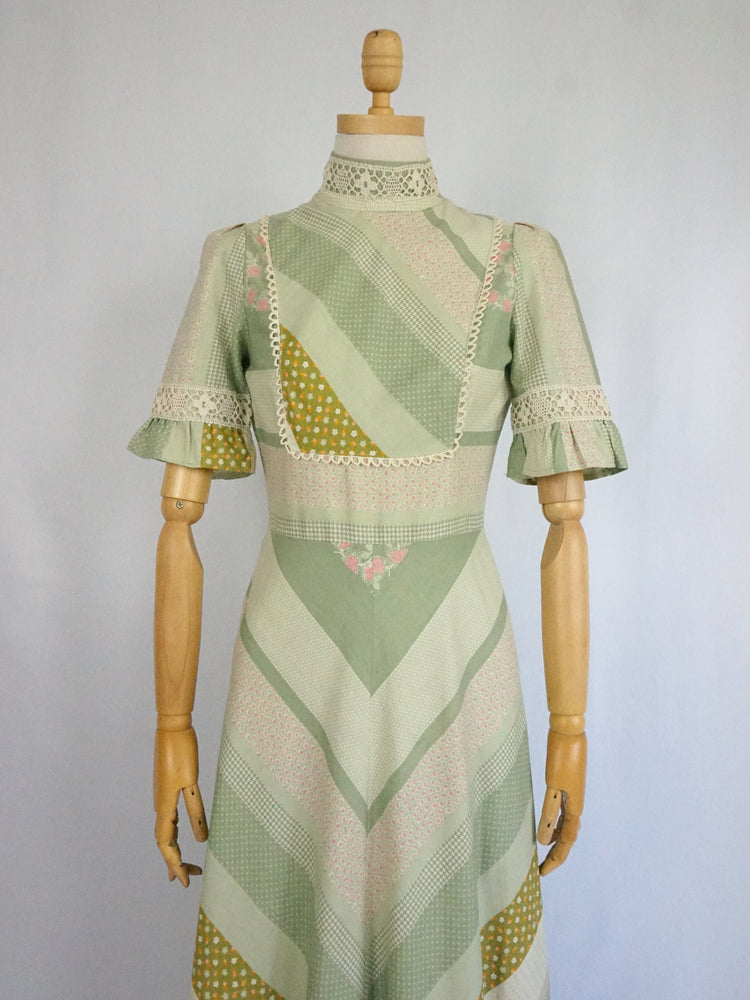 Green Panelled Patchwork Dress - XS/S