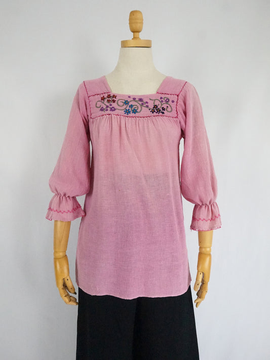 Pink Cheesecloth Embroidered Smock Shirt - XS