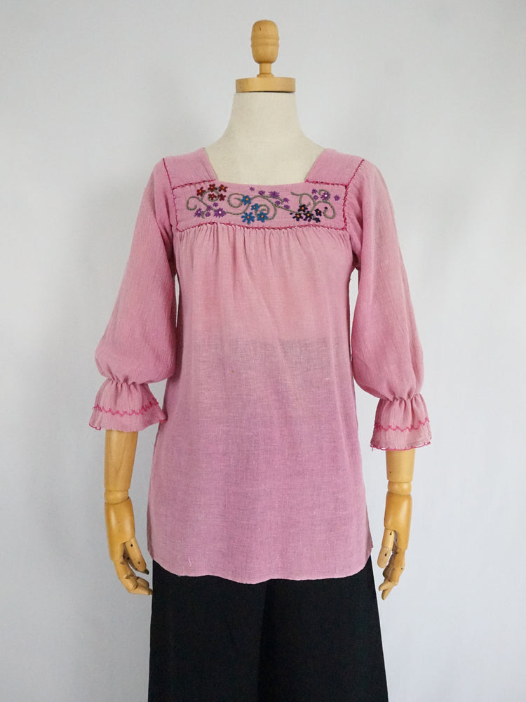 Pink Cheesecloth Embroidered Smock Shirt - XS