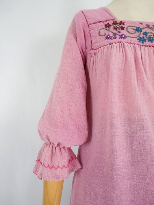 Pink Cheesecloth Embroidered Smock Shirt - XS