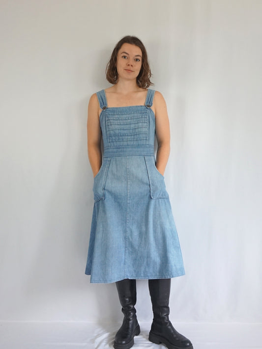 Pintuck Denim Pinafore Dress - M