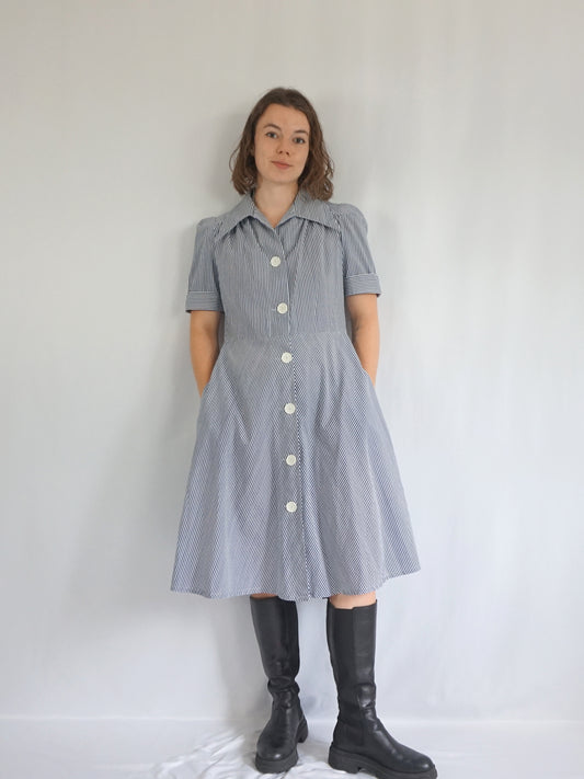 Pinstripe Cotton Midi Dress - M