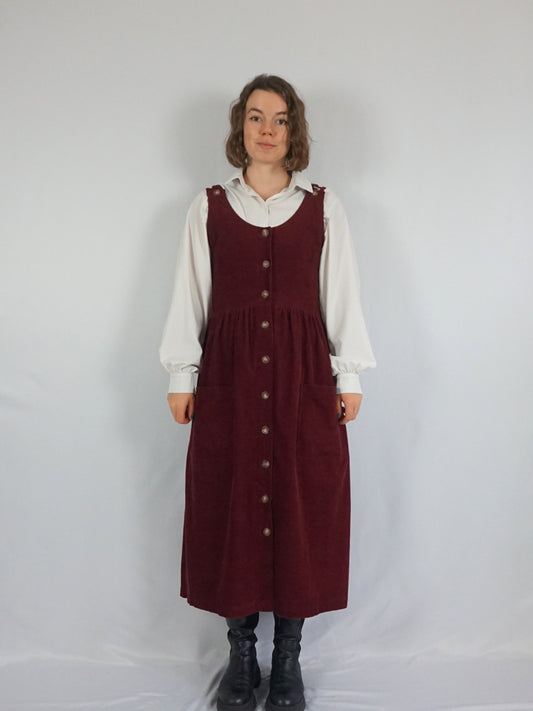 Burgundy Corduroy Pinafore Dress - M