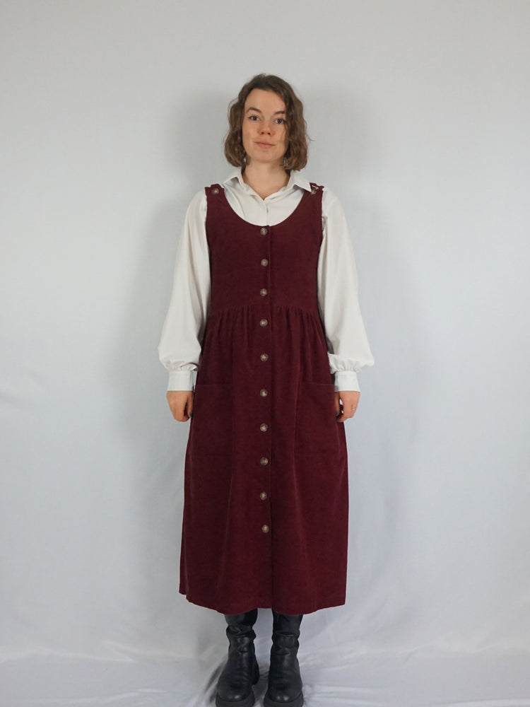 Burgundy Corduroy Pinafore Dress - M