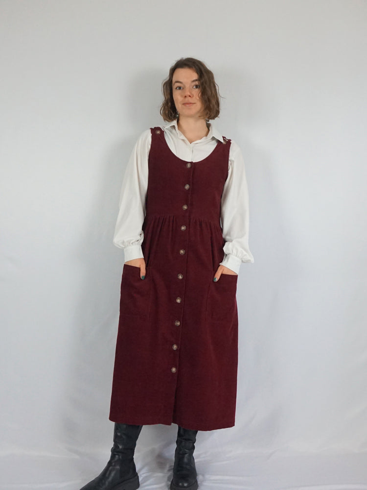 Burgundy Corduroy Pinafore Dress - M