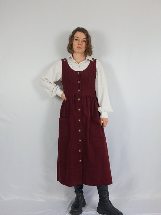 Burgundy Corduroy Pinafore Dress - M