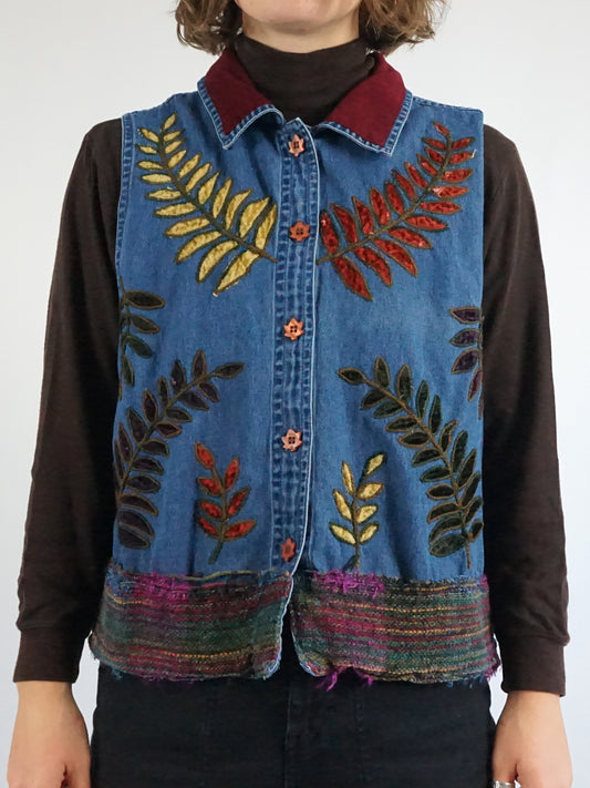 Leaf Embroidered Denim Vest - L