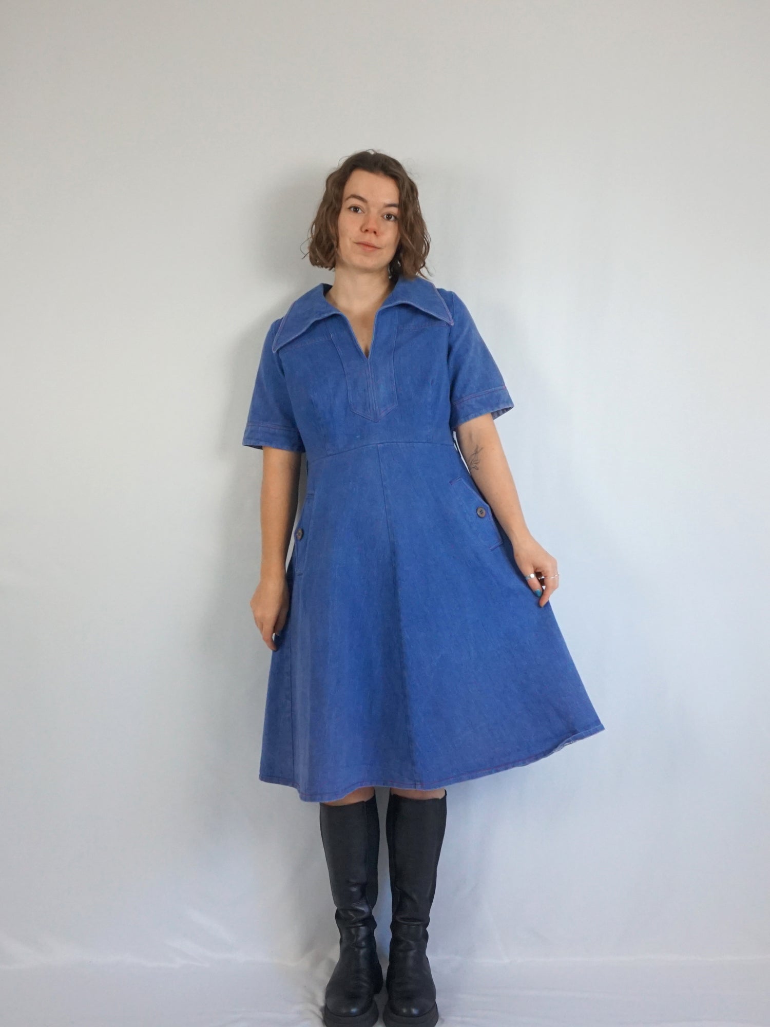 Vintage 70s Denim Contrast Stitch Dress M Reloved Studio