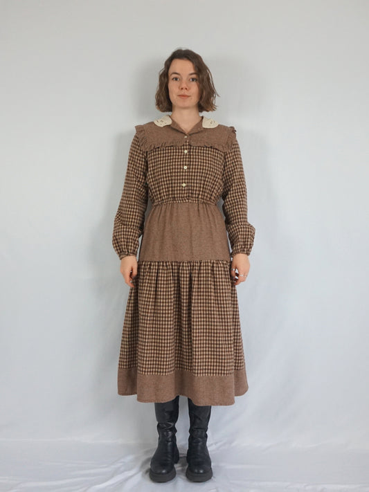 Brown Gingham Wool Dress - S