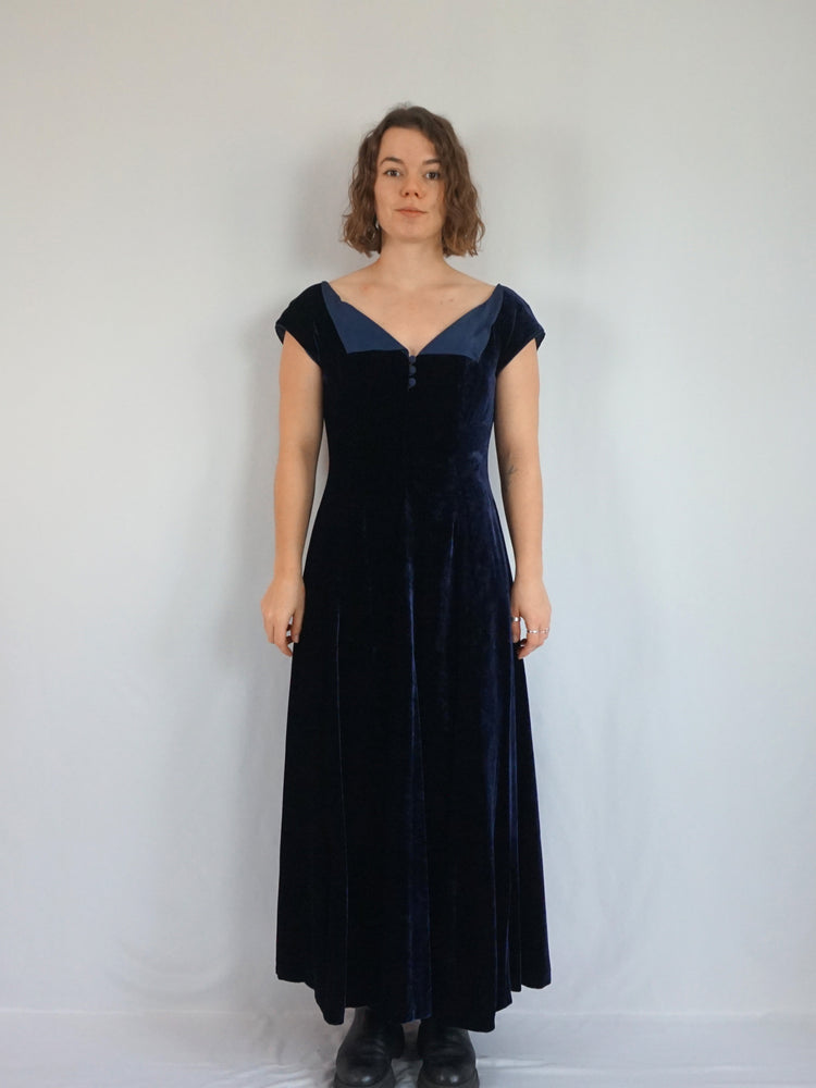 Midnight Blue Collared Velvet Dress - M