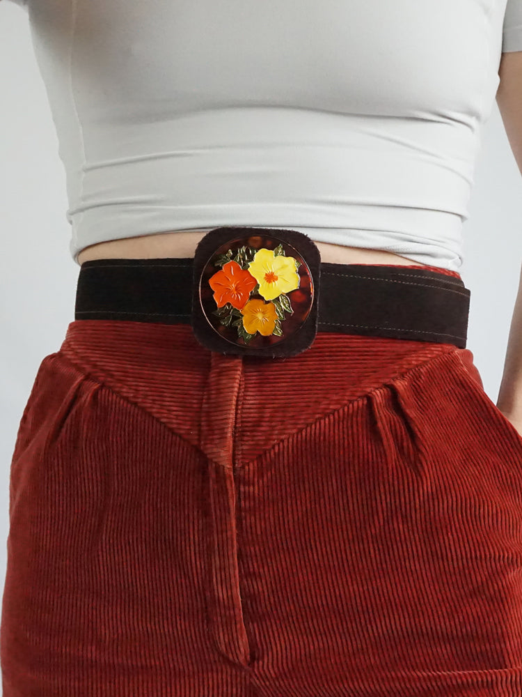 Brown Floral Suede Belt - 29-34"