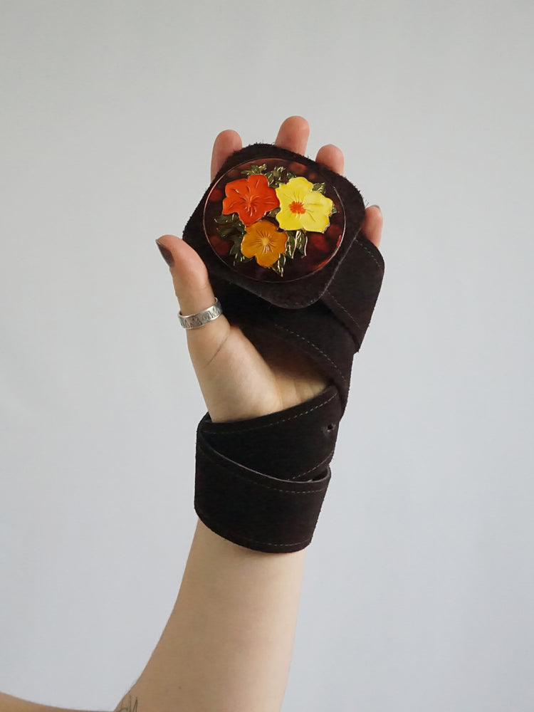 Brown Floral Suede Belt - 29-34"