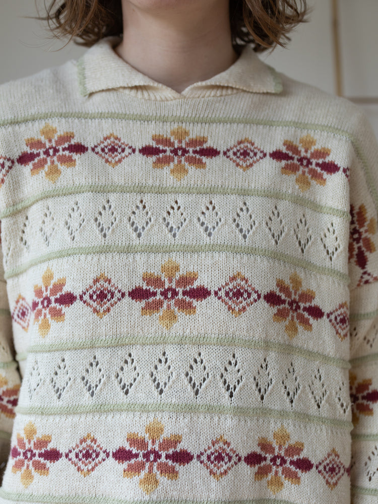 90s Acorn Collared Floral Cotton Jumper - M