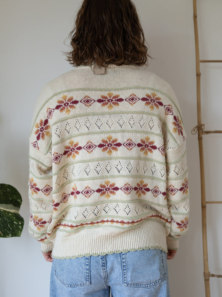 90s Acorn Collared Floral Cotton Jumper - M