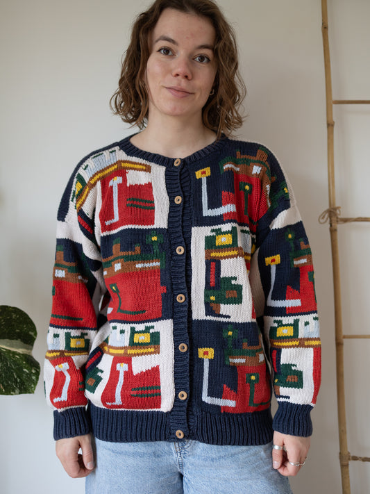 80s Funky Patterned Cotton Cardigan - L