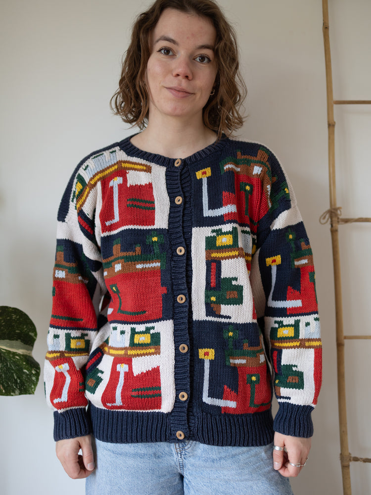 80s Funky Patterned Cotton Cardigan - L