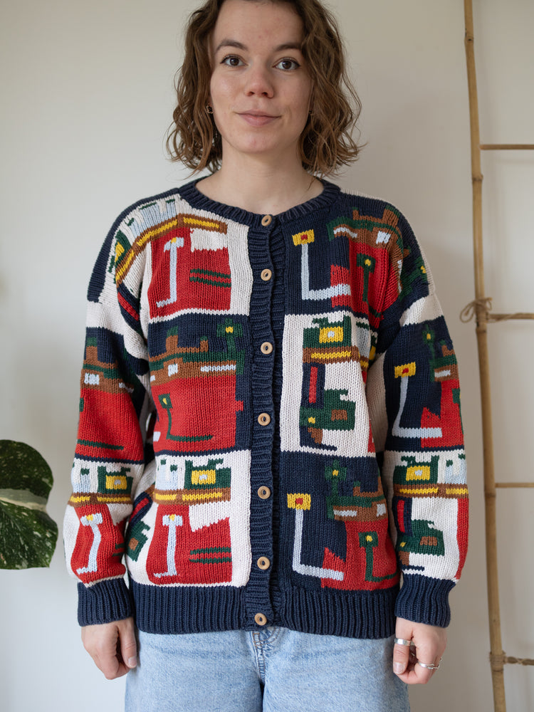80s Funky Patterned Cotton Cardigan - L
