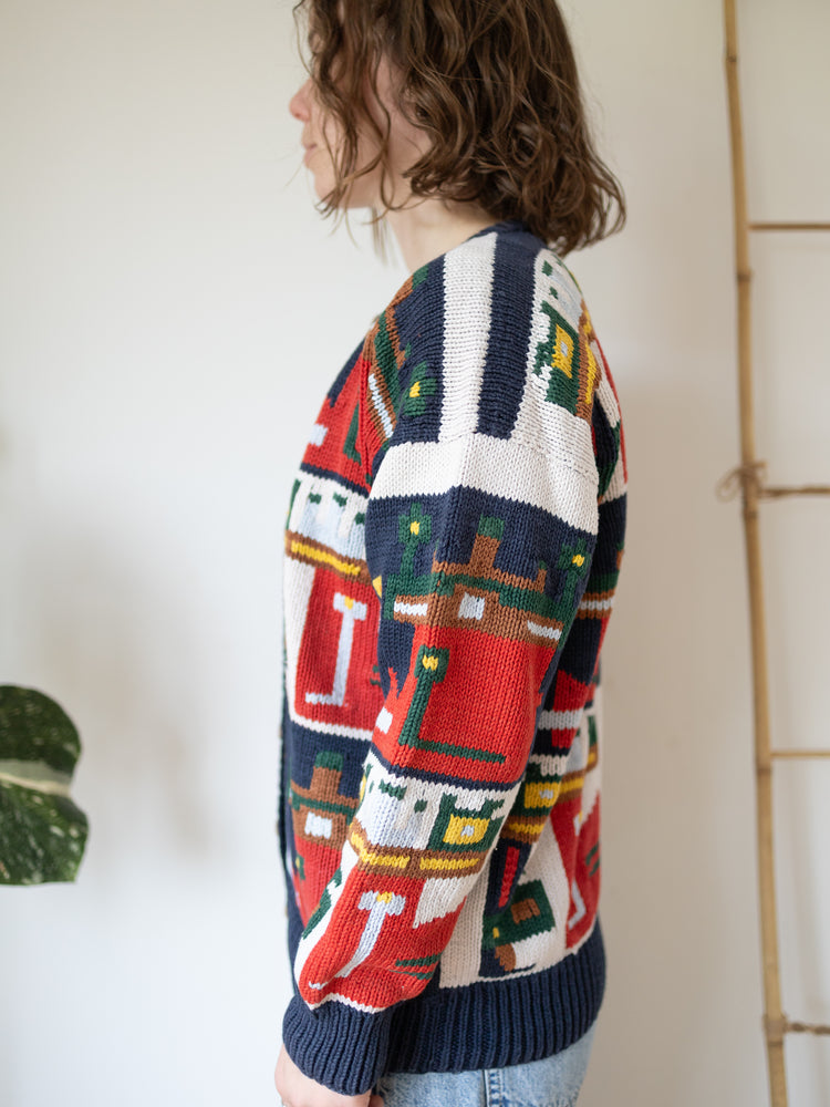80s Funky Patterned Cotton Cardigan - L