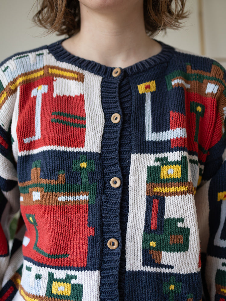 80s Funky Patterned Cotton Cardigan - L