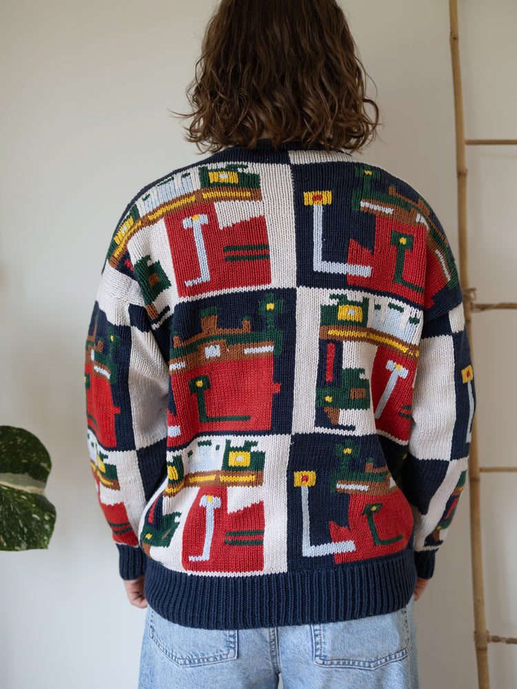 80s Funky Patterned Cotton Cardigan - L