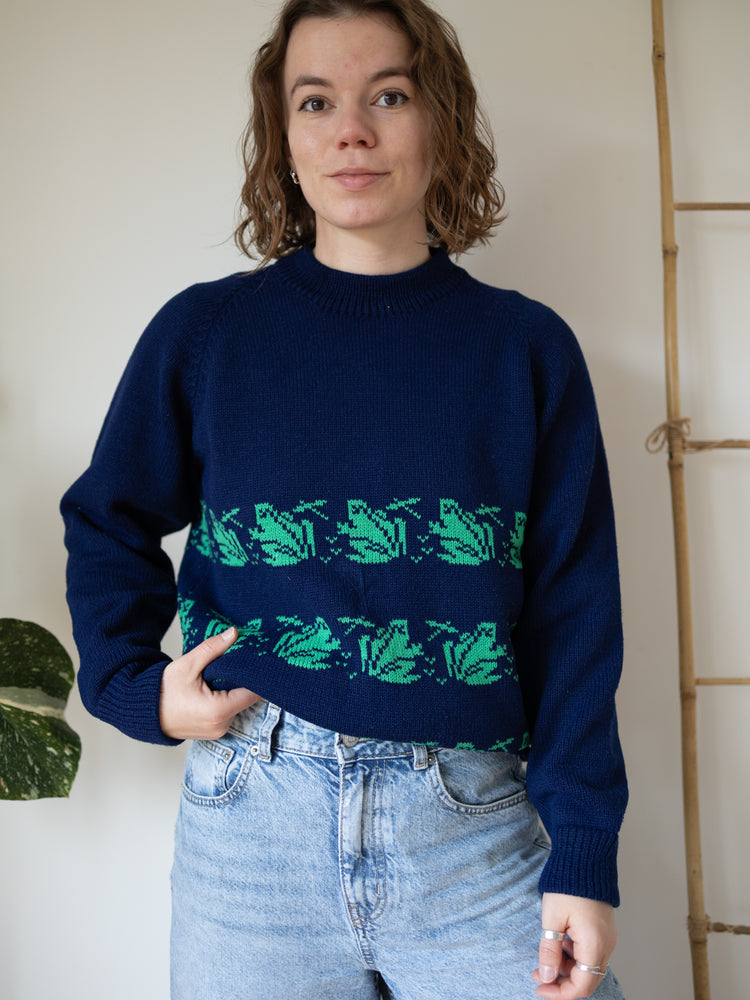 90s Navy Frog Knit Jumper - S