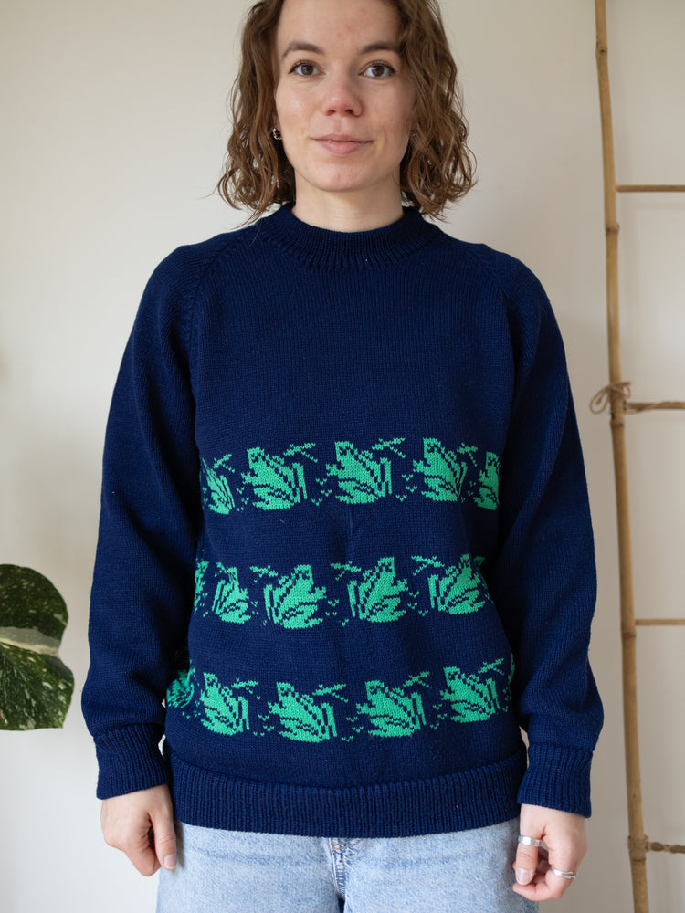90s Navy Frog Knit Jumper - S