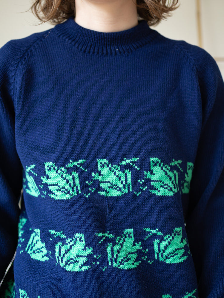 90s Navy Frog Knit Jumper - S